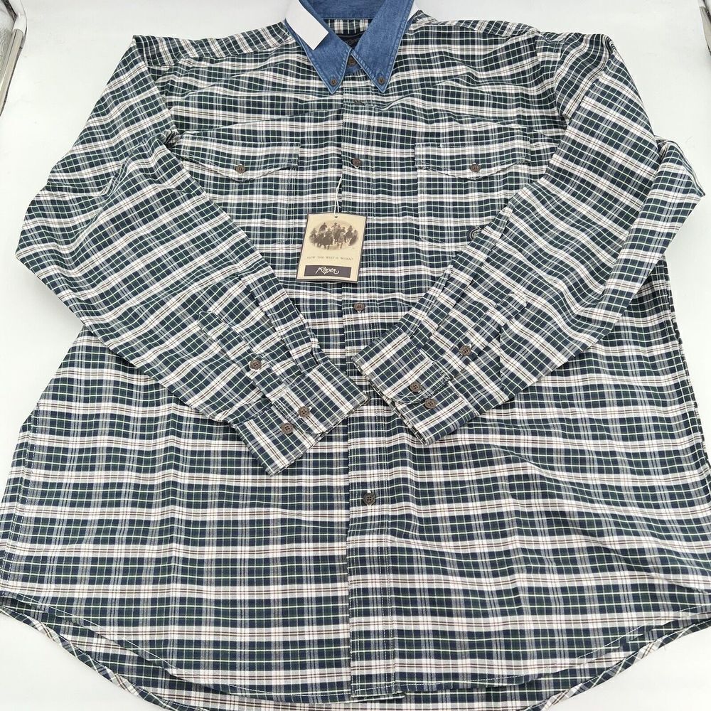Roper Shirt Adult XL Blue Plaid Button Up Denim Collar Long Sleeve Chest Pocket